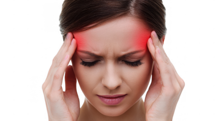 Young woman with closed eyes, touching her temples, experiencing intense migraine pain. Isolated against a transparent background, conveying feelings of suffering and distress