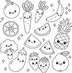 A cheerful collection of cute kawaii food characters for coloring. This page includes happy fruits and veggies like an orange, carrots, a banana, a pineapple, broccoli, and strawberries. Ready for kid