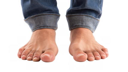 Close up of male bare feet wearing rolled up jeans on a transparent background, ideal for concepts related to foot health, fashion, or lifestyle