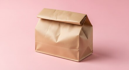 Simple Brown Paper Lunch Bag on Pink Background Eco-Friendly Packaging for Food Delivery and Takeout