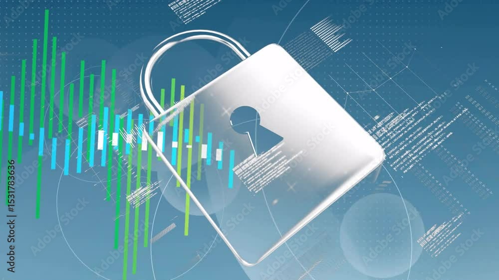 Poster after grid loading 3d padlock rising shackle sliding and rotating with pulsating bars securing data