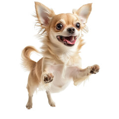 Happy Chihuahua dog jumping in air, showcasing its playful nature and excitement. This adorable pet is full of energy and joy