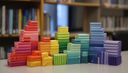 Colorful stacked boxes arranged in a cityscape design.