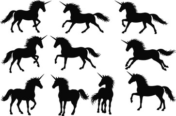 Silhouettes of unicorns in various poses including walking, standing, running, and jumping, mythical fantasy horse illustration, magical animal vector, black isolated design collection