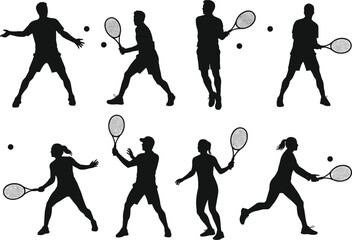 Silhouettes of tennis players in action, holding rackets, hitting tennis balls, dynamic sports movement, male and female athletes, vector illustration, isolated competitive sport design