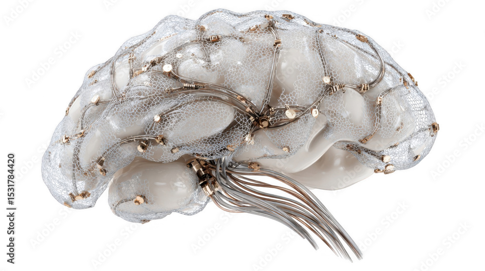 Poster neural lace integrating with human brain, creating a brain computer interface, enhancing cognitive a