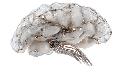 Neural lace integrating with human brain, creating a brain computer interface, enhancing cognitive abilities and merging technology with biology on a transparent background