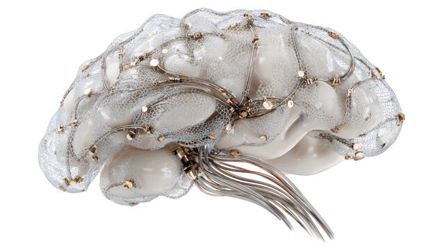 Neural lace integrating with human brain, creating a brain computer interface, enhancing cognitive abilities and merging technology with biology on a transparent background