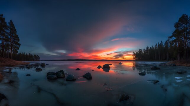 Frozen lake under vibrant skies at sunset