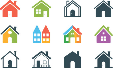 Collection of various colorful house icons illustrating real estate home design and architecture elements