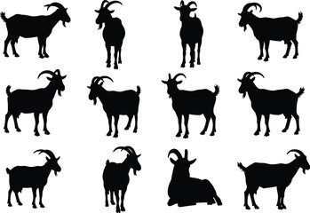Silhouettes of goats in various standing and sitting positions, farm animal illustration, livestock concept, rural scene, horned goat vector design, black silhouette animal set