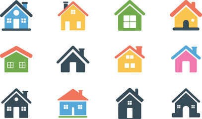 Colorful cartoon house icons on white background representing real estate and home ownership