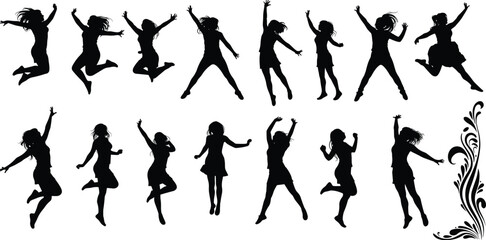 Silhouettes of jumping girls vector collection, energetic movement, happy women in motion, dance pose clipart, black female shapes design art