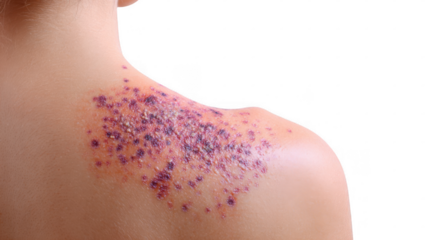 Shingles virus causing painful rash with blisters on back skin, isolated on transparent background, perfect for medical and healthcare publications