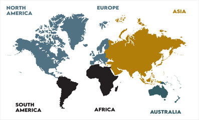Fototapeta premium New modern world map, with names, Europe, Africa, Asia, Australia, North America and South America world map graphic, Countries Silhouettes Stock Illustrations, Vectors