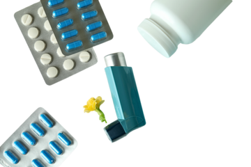 Inhalers and tablets for asthma ready, isolated on white, PNG