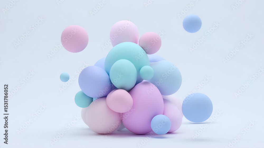 Poster pastel colored spheres creating a dynamic three dimensional composition