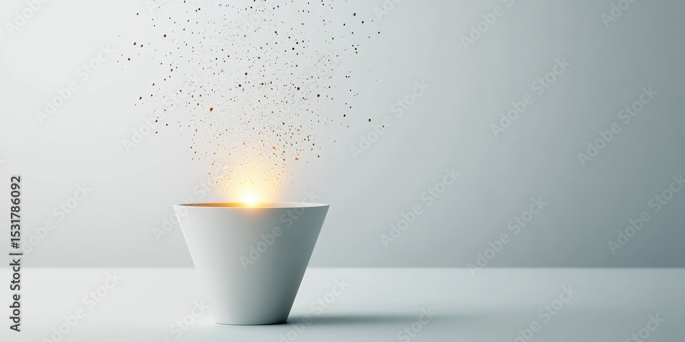 Poster a white cup with a golden light emanating from it and small particles floating above it on a white s