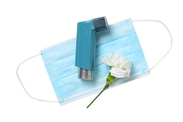 Blue inhaler on blue mask with flower, isolated on white, PNG