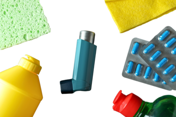 Essential health and cleaning items, isolated on white, PNG