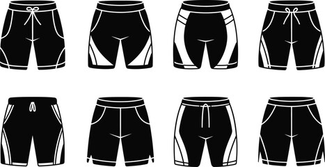 Collection of stylish and sporty shorts designs in black and white vector illustrative graphics