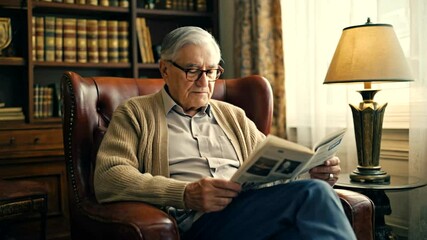 Elderly man reading a newspaper in a cozy armchair, surrounded by books and warm sunlight - Powered by Adobe