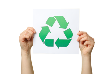 Hands display a green recycling symbol on white, isolated on white, PNG