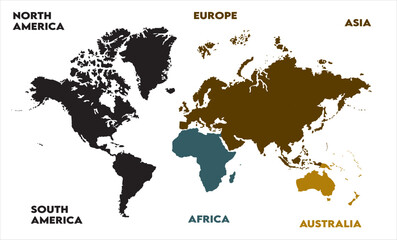 Obraz premium New modern world map, with names, Europe, Africa, Asia, Australia, North America and South America world map graphic, Countries Silhouettes Stock Illustrations, Vectors