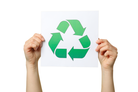 Hands display a green recycling symbol on white, isolated on white, PNG