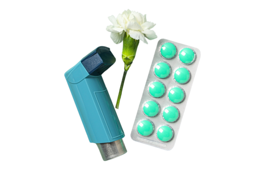 Inhaler by green tablets and flower, isolated on white, PNG