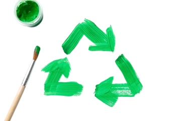 Green arrows form a recycling symbol with paint, isolated on white, PNG