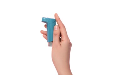 Hand with blue asthma inhaler, isolated on white, PNG