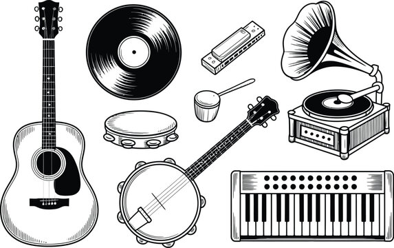 Musical instruments in vintage line art illustration showcasing acoustic guitar banjo gramophone record and other music essentials