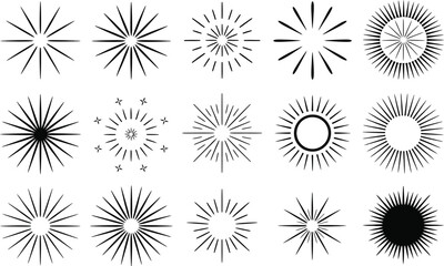 Collection of decorative sunbursts and starbursts in various graphic styles for design and illustration