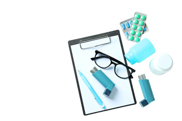 Organized medical supplies and docs, isolated on white, PNG