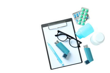 Organized medical supplies and docs, isolated on white, PNG