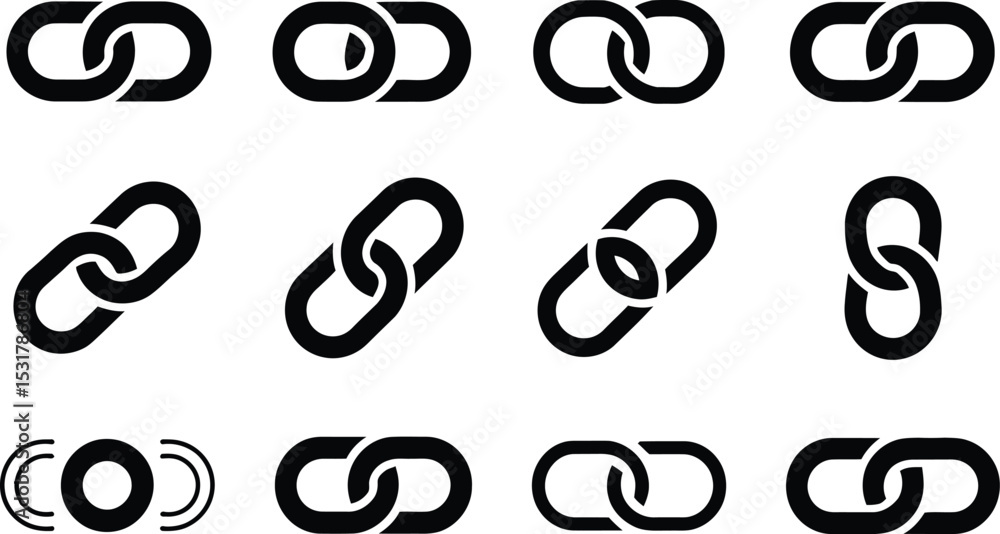 Poster collection of black chain link icons representing connection partnership and unity concepts in vario