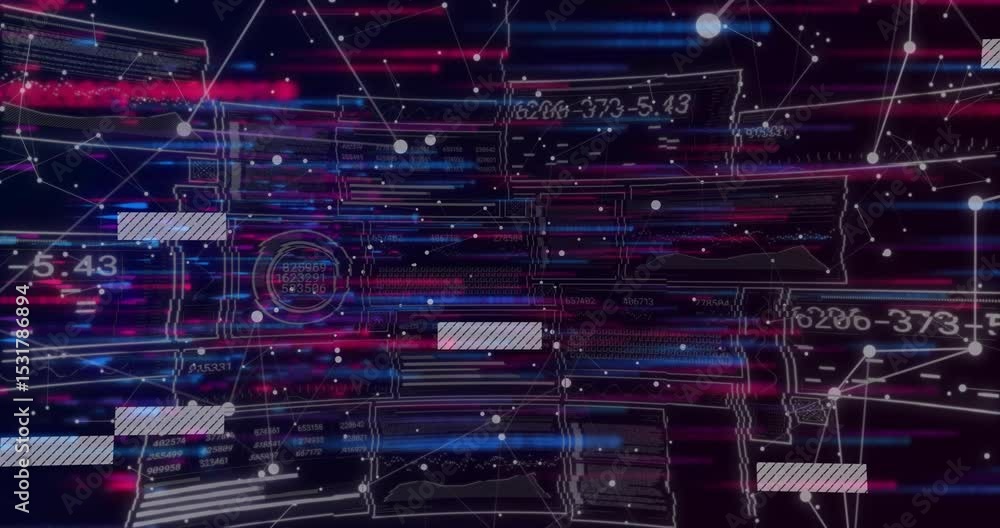 Poster red and blue streams sweeping grid, blocks fading, shifting codes, nodes pulsing mapping data flow