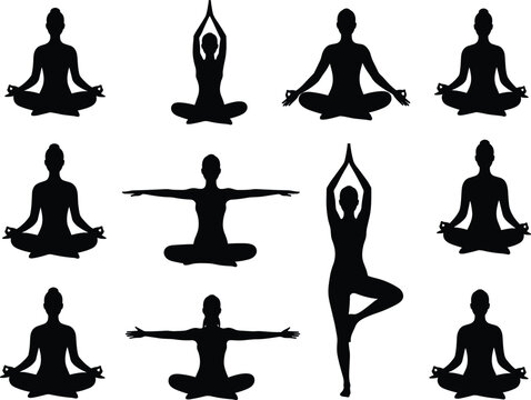 Silhouette collection of women in various yoga poses, seated meditation, tree pose, calm posture, mindfulness, fitness activity, wellness routine, vector illustration, isolated design