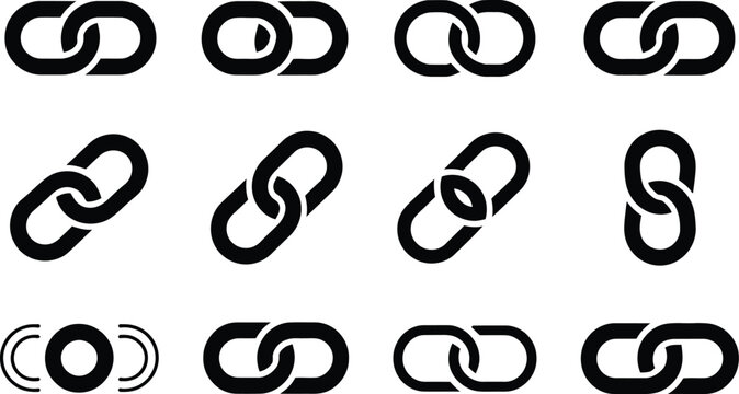 Collection of black chain link icons representing connection partnership and unity concepts in various positions