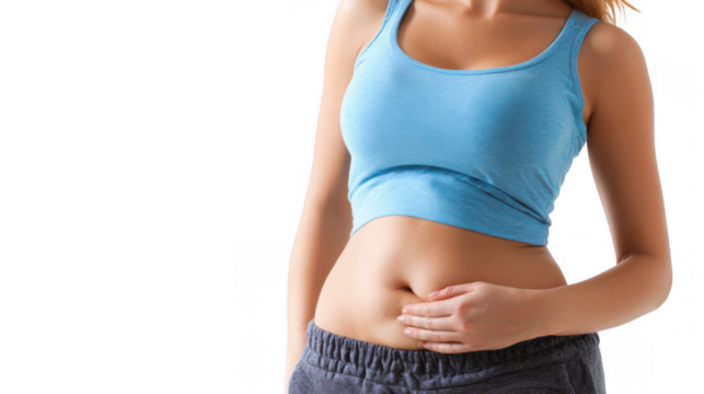Close up of a fit woman touching her abdomen, illustrating discomfort from pcos related belly bloating against a transparent background
