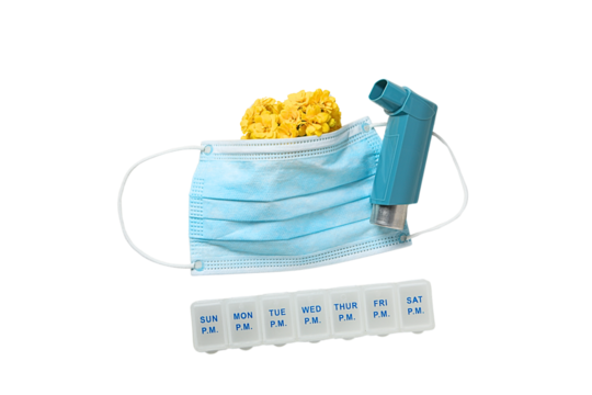 Face mask, inhaler, meds organizer, isolated on white, PNG