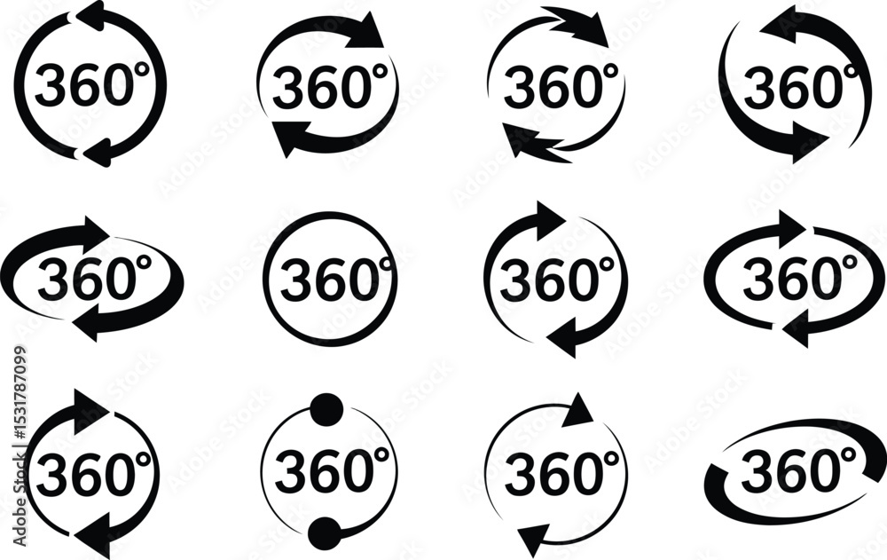 Poster diverse set of black and white 360 degree rotation symbols for digital interfaces and user experienc