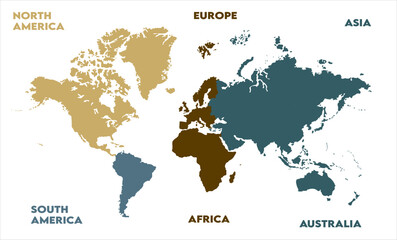 New modern world map, with names, Europe, Africa, Asia, Australia, North America and South America world map graphic, Countries Silhouettes Stock Illustrations, Vectors