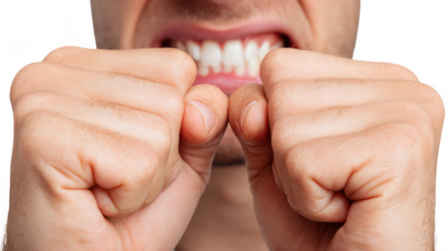 Close up of a man showing clenched teeth and fists touching his face, expressing discomfort and suffering from a strong jaw pain, isolated on transparent background - Powered by Adobe