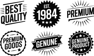 Collection of premium quality badges and stamps in black and white design suitable for branding and advertising