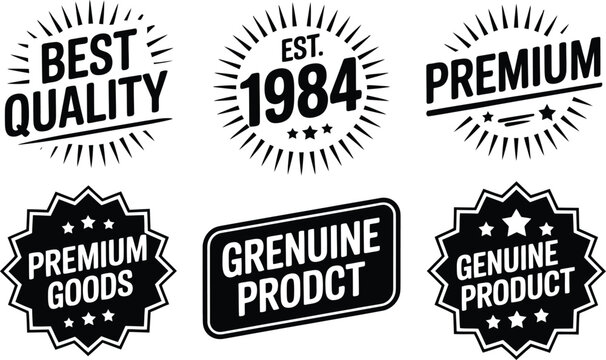 Collection of black and white vintage labels with messages conveying quality and premium for different types of products.