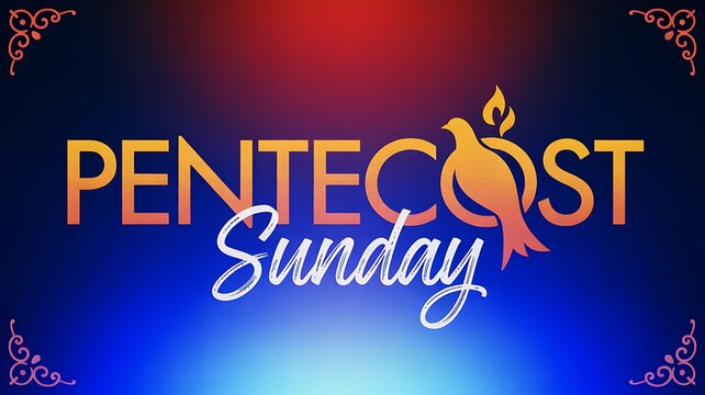 Pentecost Sunday typography with dove and flame on vibrant blue and red background
