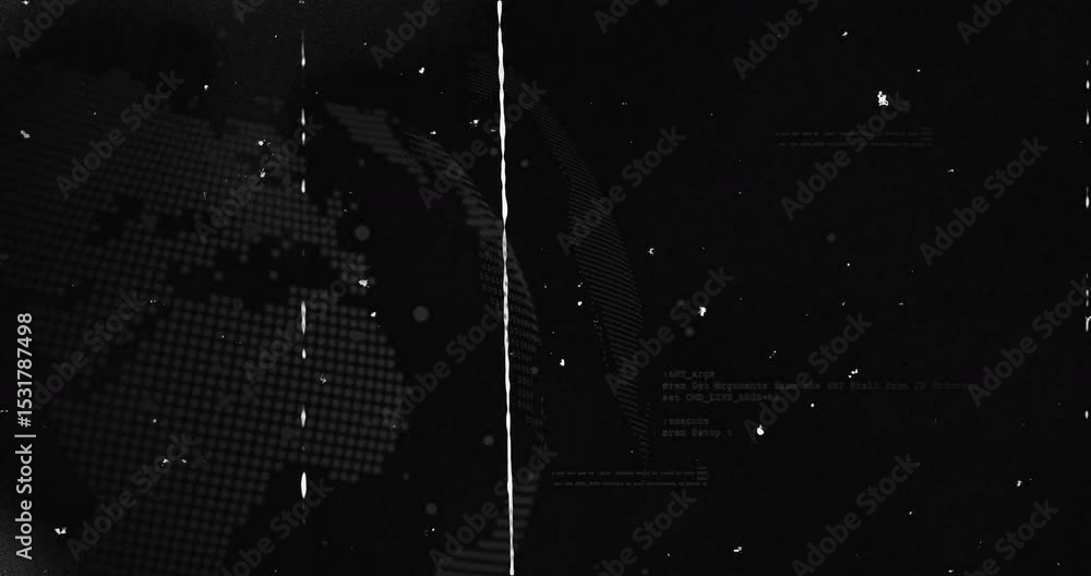 Poster dark dotted globe emerging rotating splitting frame glitching code blur indicating data corruption
