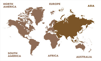 Obraz premium New modern world map, with names, Europe, Africa, Asia, Australia, North America and South America world map graphic, Countries Silhouettes Stock Illustrations, Vectors